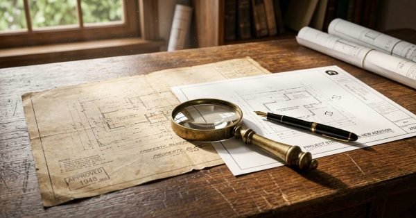 Stack of vintage building permit documents, blueprints, ruler, and coins on a desk illustrating retroactive building permit