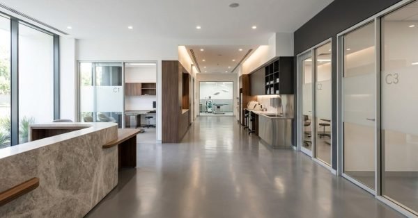 Modern veterinary clinic interior with reception desk, consultation rooms, treatment areas, and contemporary healthcare facility design