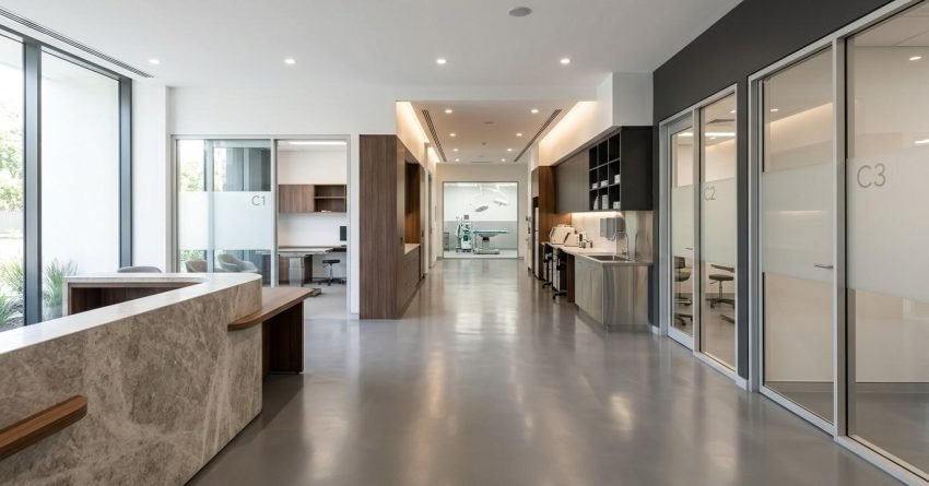Modern veterinary clinic interior with reception desk, consultation rooms, treatment areas, and contemporary healthcare facility design