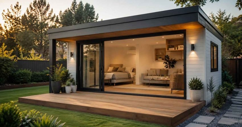 Modern detached granny flat with deck and open-plan living space.