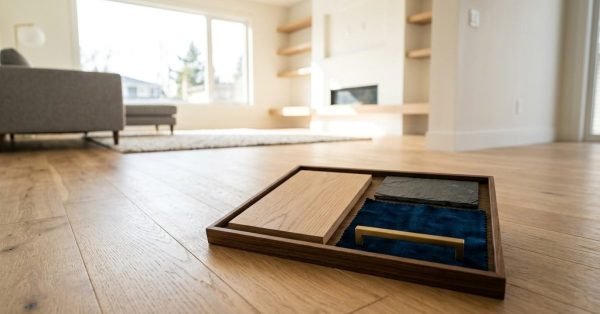 Interior material sample board with wood flooring, stone, fabric, and cabinet hardware displayed on a hardwood floor inside a bright modern living room during the home design selection process.