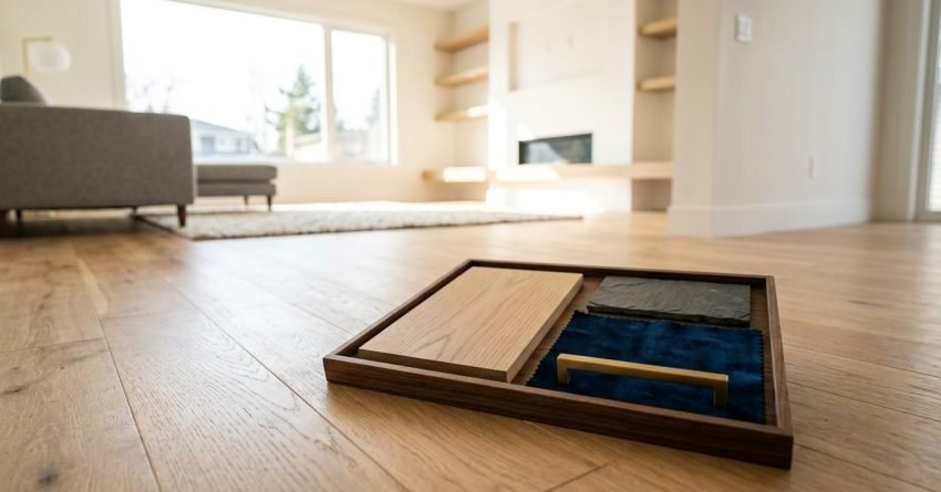 Interior material sample board with wood flooring, stone, fabric, and cabinet hardware displayed on a hardwood floor inside a bright modern living room during the home design selection process.