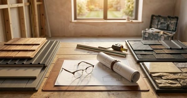 Home extension planning materials with architectural drawings, samples, and construction tools.
