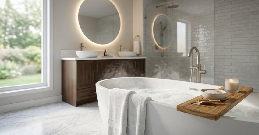 Luxury spa-inspired bathroom with freestanding tub.