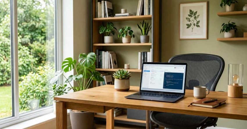 Modern home office with laptop, plants, and natural light.