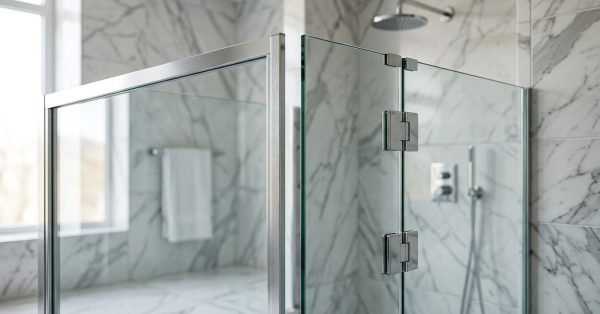 Modern semi-frameless glass shower screen with chrome hinges and marble-look wall tiles in a contemporary bathroom.