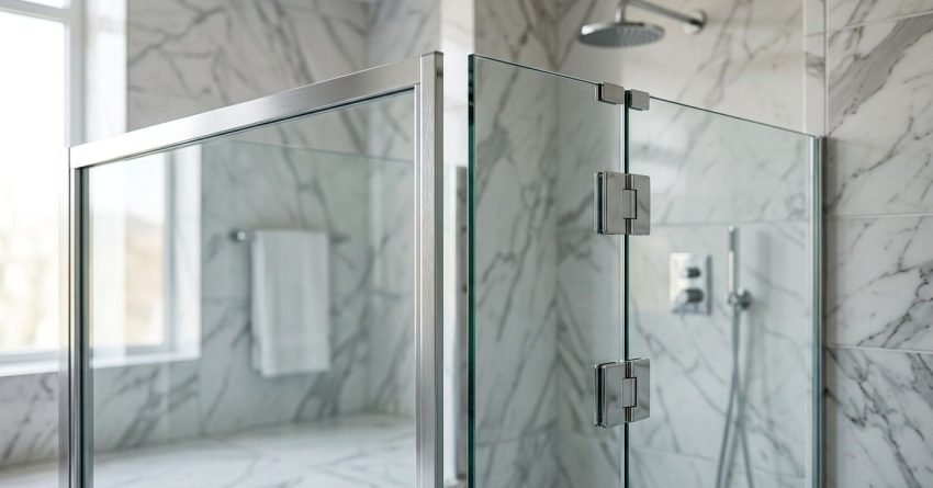 Modern semi-frameless glass shower screen with chrome hinges and marble-look wall tiles in a contemporary bathroom.