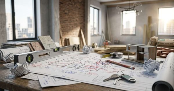 Architectural plans marked with review notes, construction tools, and a building model on a renovation workspace, illustrating the planning and documentation process for resolving renovation disputes, building compliance issues, and permit-related corrections.