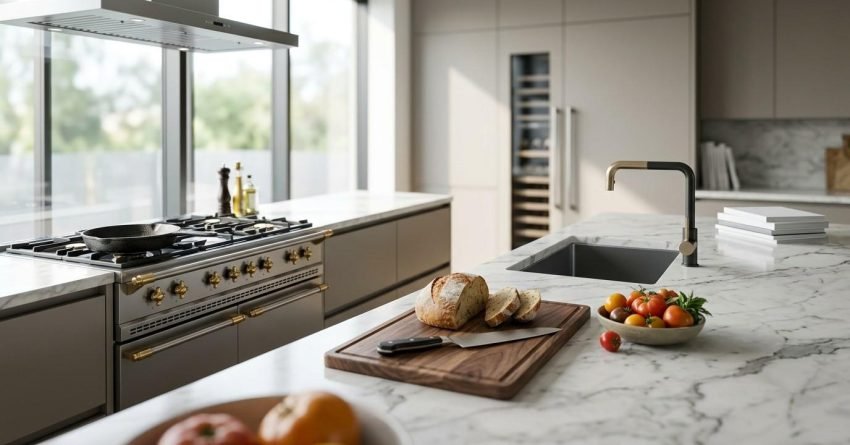 Modern luxury kitchen with marble island, professional gas range, integrated appliances, and contemporary open-plan design.