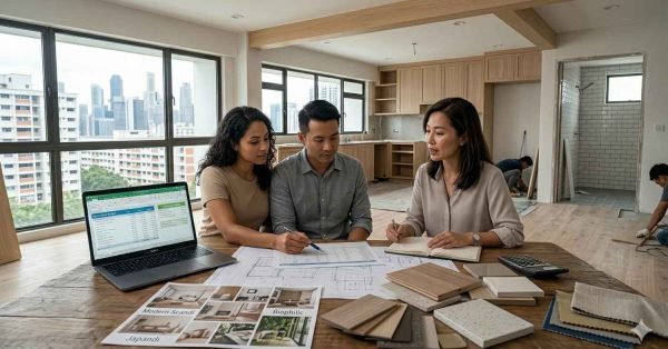 Homeowner planning 4-room HDB renovation budget in Singapore with designer, cost documents, and renovation work in progress