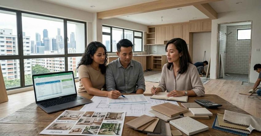 Homeowner planning 4-room HDB renovation budget in Singapore with designer, cost documents, and renovation work in progress