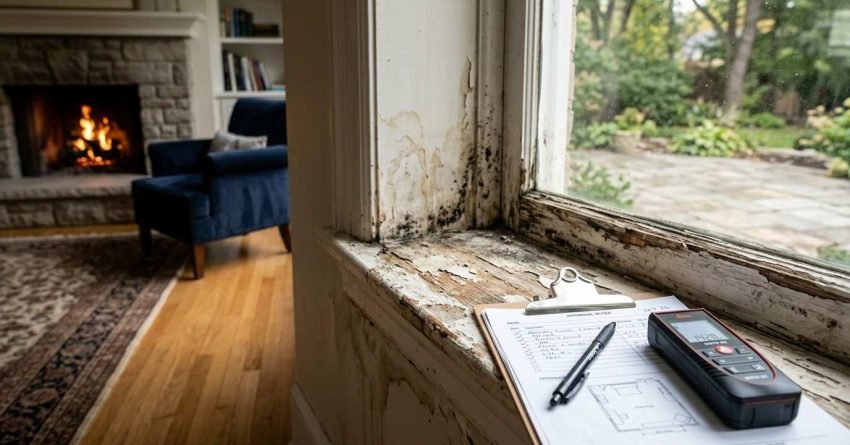 Water-damaged window frame with mold, inspection checklist, and moisture meter, illustrating a professional home inspection for moisture damage and structural issues.