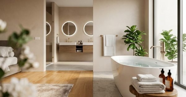Open-plan bathroom with a freestanding tub, double vanity, warm wood flooring, and large windows.