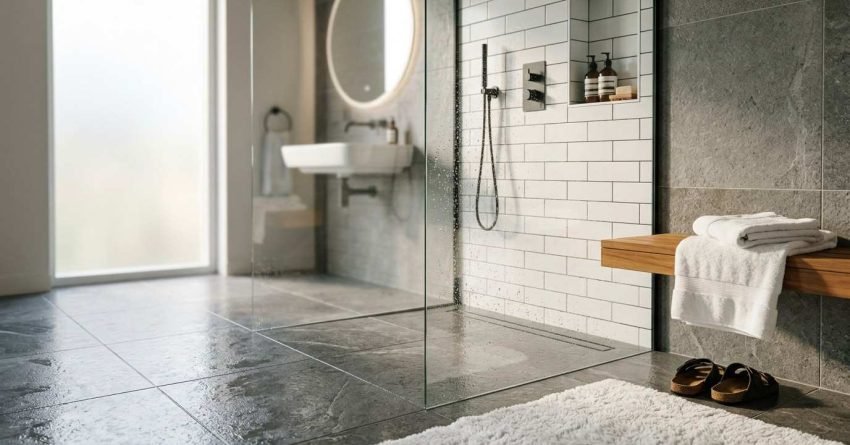 Modern wet room with frameless glass shower, dark stone tiles, white subway tile accent wall, and a floating timber bench with folded towels.