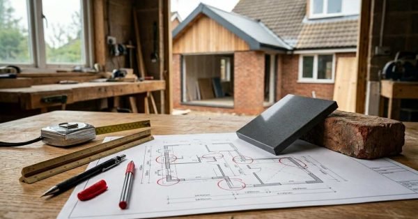 Home extension plans with marked design issues, measuring tools, and building materials on a workbench overlooking a construction project.