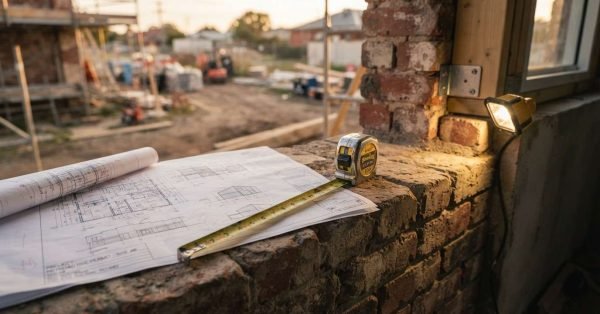 Construction blueprints, measuring tape, and work light on a brick windowsill overlooking a residential building site.