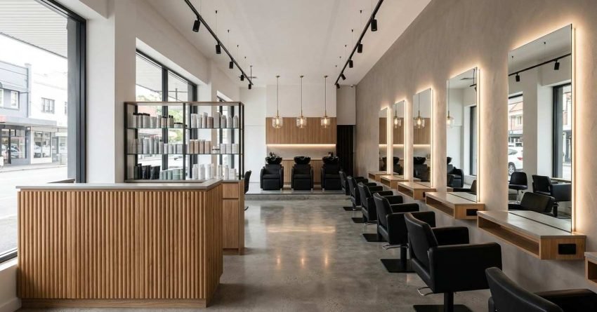 Modern luxury hair salon interior with styling stations, illuminated mirrors, wash basins, product displays, and contemporary commercial design