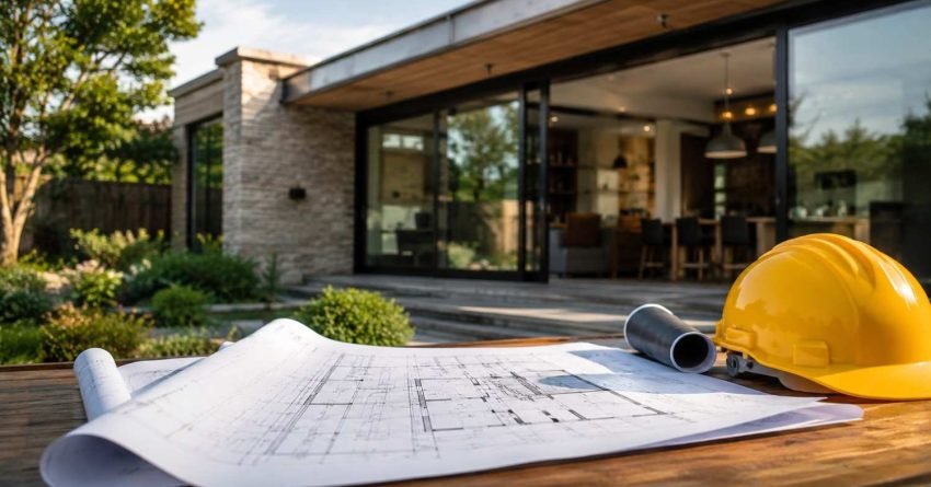 Architectural plans and hard hat in front of a modern home extension.