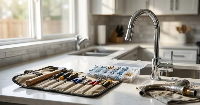 Kitchen sink with plumbing tools, screws, replacement faucet parts, and a new faucet on the countertop, illustrating a handyman kitchen repair project.