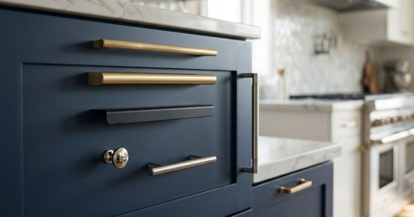 Assorted cabinet pulls and knobs displayed on a navy blue kitchen cabinet door, showcasing modern hardware styles and finishes for kitchen renovations.