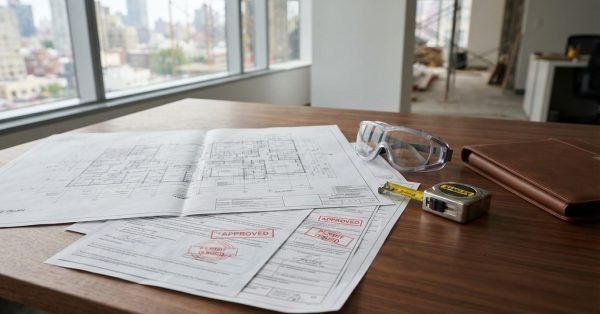 Commercial building permit documents, blueprints, and safety equipment on a renovation planning desk.
