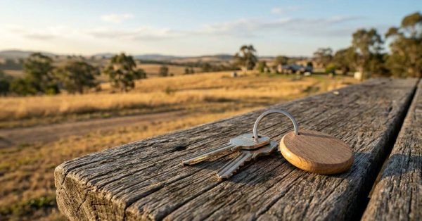 House keys on a wooden table overlooking a rural Australian landscape.