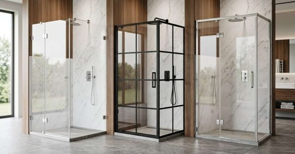 Side-by-side comparison of frameless, black-framed, and semi-frameless glass shower screens in a modern bathroom showroom.