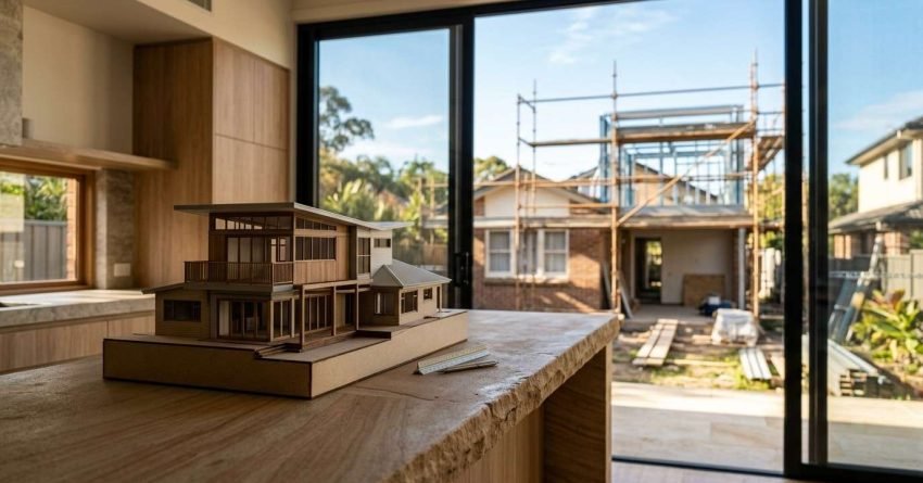 Architectural house model on a kitchen island with a home extension under construction visible through large glass doors.