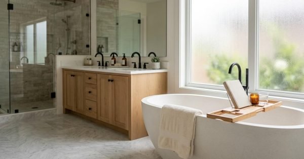 Modern master bathroom with freestanding tub and double vanity.
