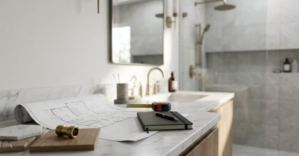 Bathroom renovation plans, notebook, and measuring tape on a vanity beside a modern ensuite shower.