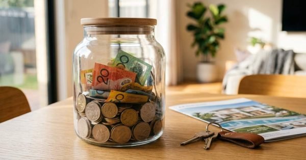 Savings jar with cash and coins beside house brochures and keys, representing a home down payment savings goal.