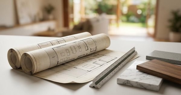 Rolled architectural blueprints, a measuring ruler, and countertop material samples on a work surface, illustrating home renovation planning, design, and material selection.