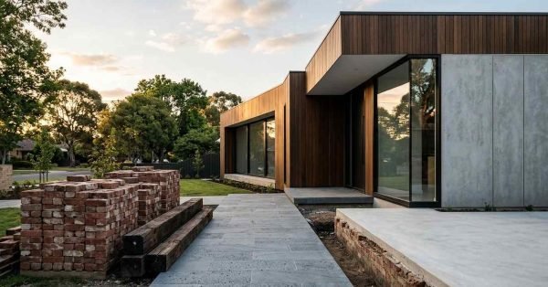 Modern knockdown rebuild home with contemporary architecture, concrete finishes, timber cladding, and landscaped entry.