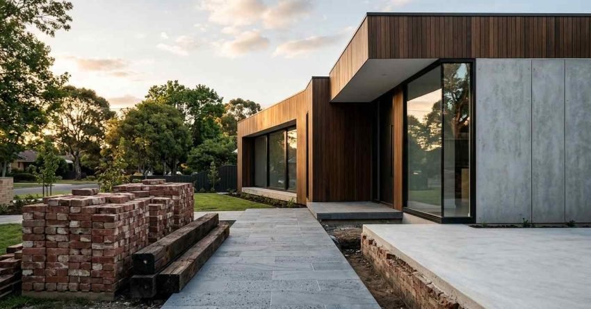 Modern knockdown rebuild home with contemporary architecture, concrete finishes, timber cladding, and landscaped entry.