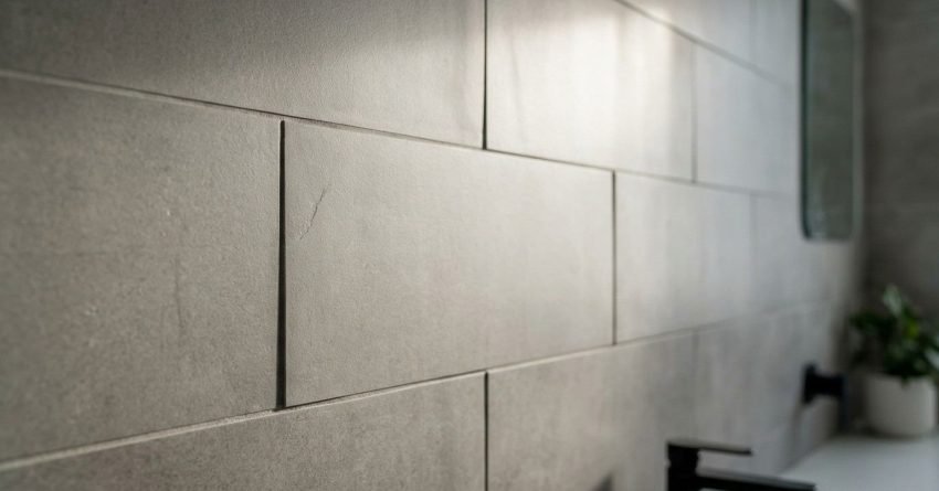 Close-up of uneven grey stone-look bathroom wall tiles installed in a running bond pattern, highlighting a prominent lippage edge where one tile protrudes past the adjacent tile above a black basin faucet.