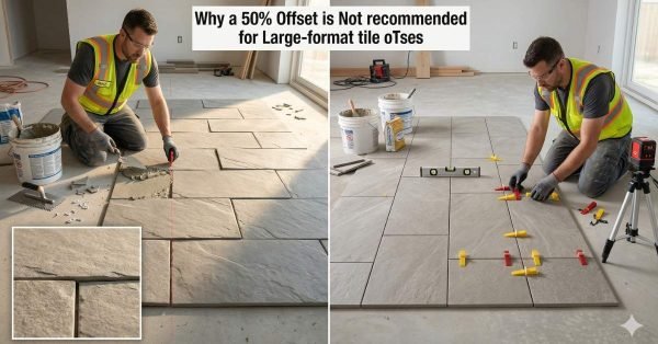 comparison showing lippage issues in 50 percent offset tile pattern versus properly aligned tile installation