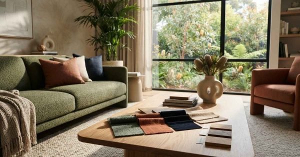 Modern Australian living room with fabric swatches, wood samples, and a bright garden view, showcasing interior design and furniture colour planning.