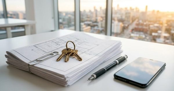 Development application documents with house plans, keys, pen, and smartphone on an office desk overlooking a city skyline.