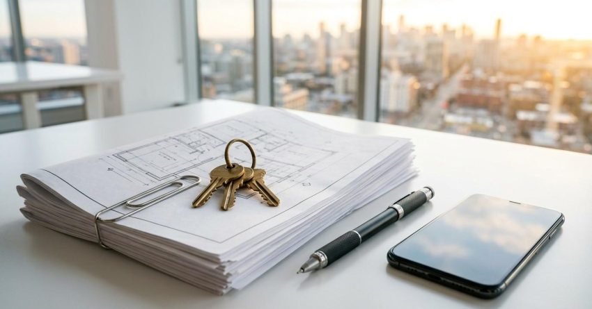 Development application documents with house plans, keys, pen, and smartphone on an office desk overlooking a city skyline.
