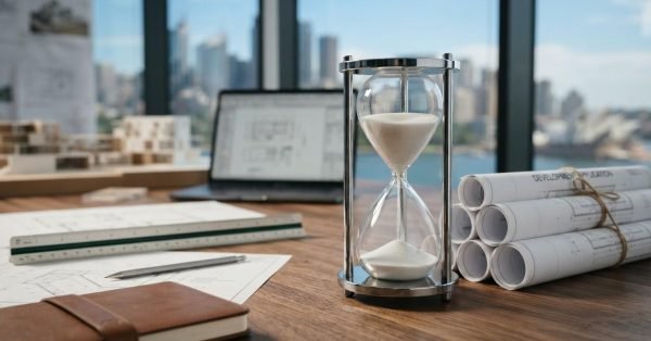 Hourglass, development application plans, rolled blueprints, and office workspace illustrating faster planning approval and project timelines.