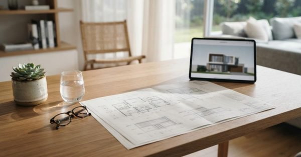 Home renovation planning workspace featuring architectural floor plans, a tablet displaying a modern house design, eyeglasses, and a glass of water on a wooden table, representing residential remodeling, custom home design, and renovation project planning.