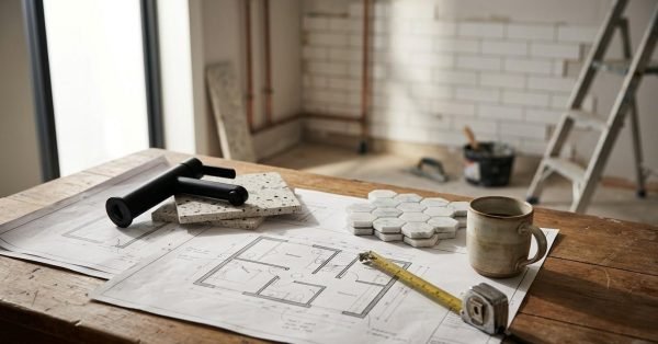 Bathroom renovation plans with tile samples, faucet, measuring tape, and tools on a workbench before installation.