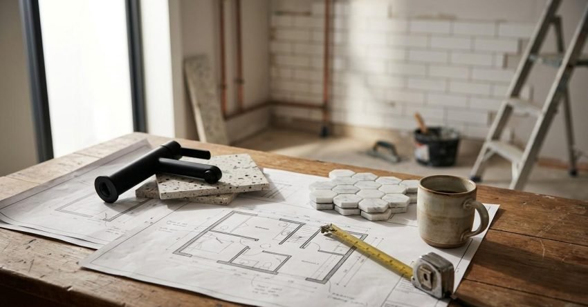 Bathroom renovation plans with tile samples, faucet, measuring tape, and tools on a workbench before installation.