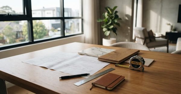 Home renovation plans, material samples, and measuring tools prepared for strata approval planning.