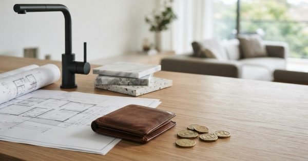 Renovation floor plans, faucet, tile samples, wallet, and coins illustrating strata renovation costs and budgeting.