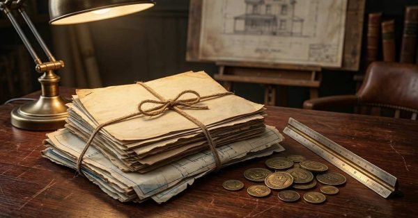Stack of vintage building permit documents, blueprints, ruler, and coins on a desk illustrating retroactive building permit costs and compliance.