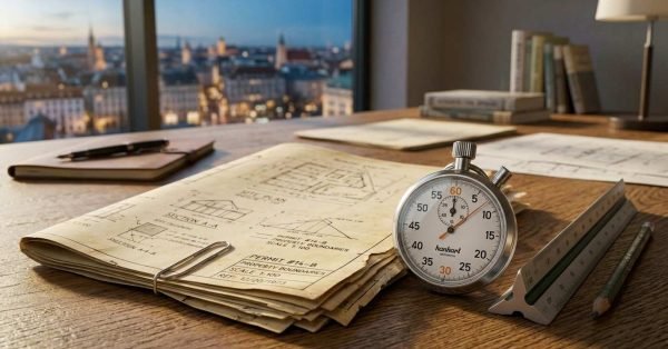 Stopwatch beside building permit documents, ruler, and pencil on a desk representing building permit processing time and project approvals.