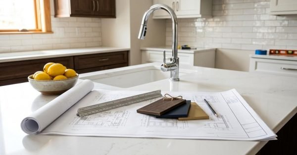 Kitchen renovation blueprints, material samples, ruler, and design plans on a modern kitchen island before remodeling begins.