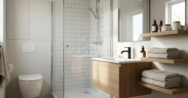 Modern small ensuite bathroom with a floating vanity, glass shower, and space-saving storage shelves.