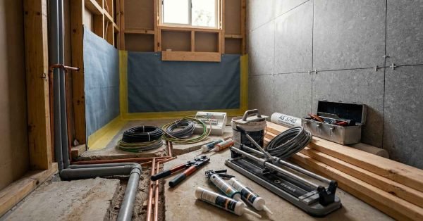 Bathroom renovation in progress with waterproofing membrane, plumbing pipes, electrical wiring, and tiling tools